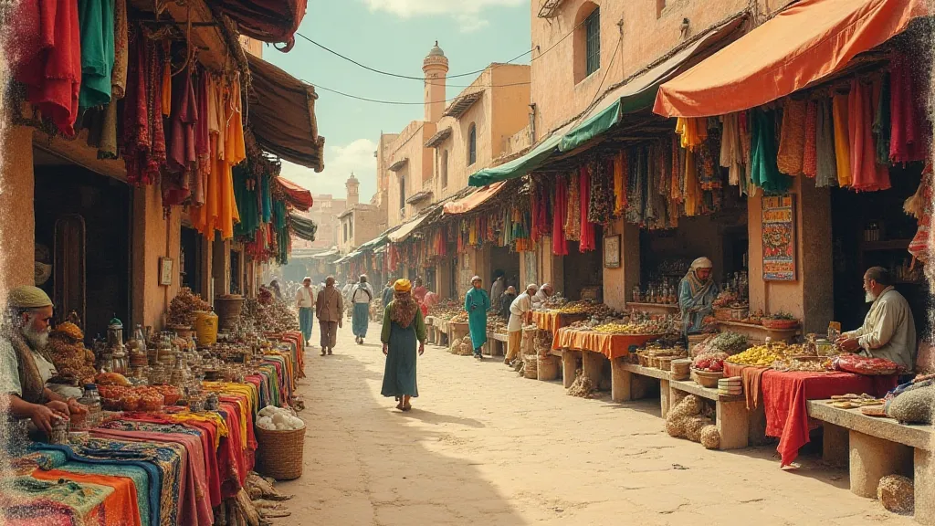 Antique postcard of a Marrakech marketplace.