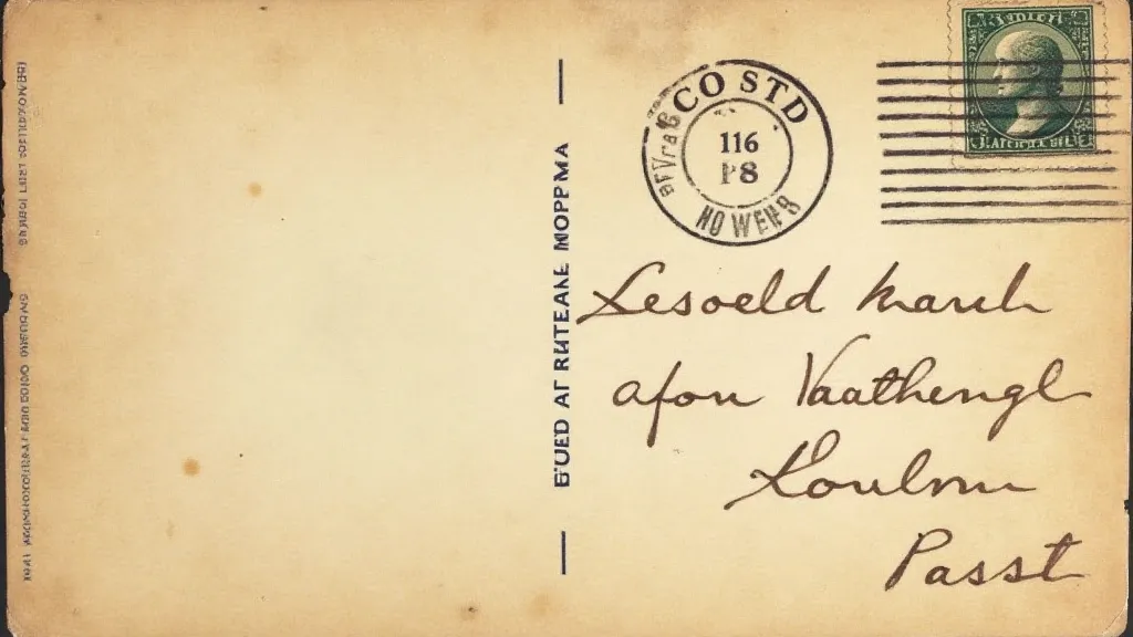 Close-up of the back of an antique postcard, showing handwritten message and postmark