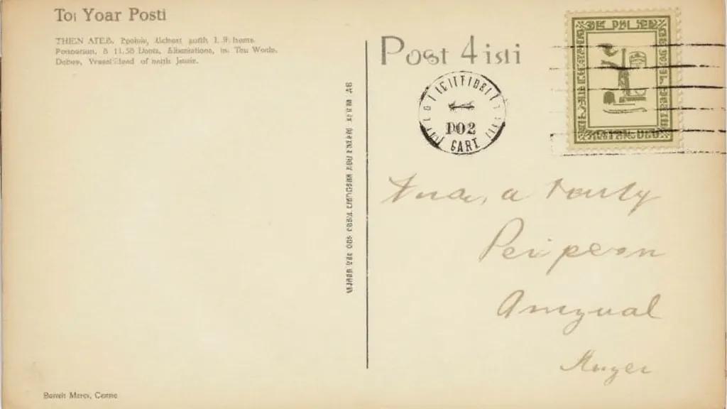 Postcard back with handwritten message and postmark