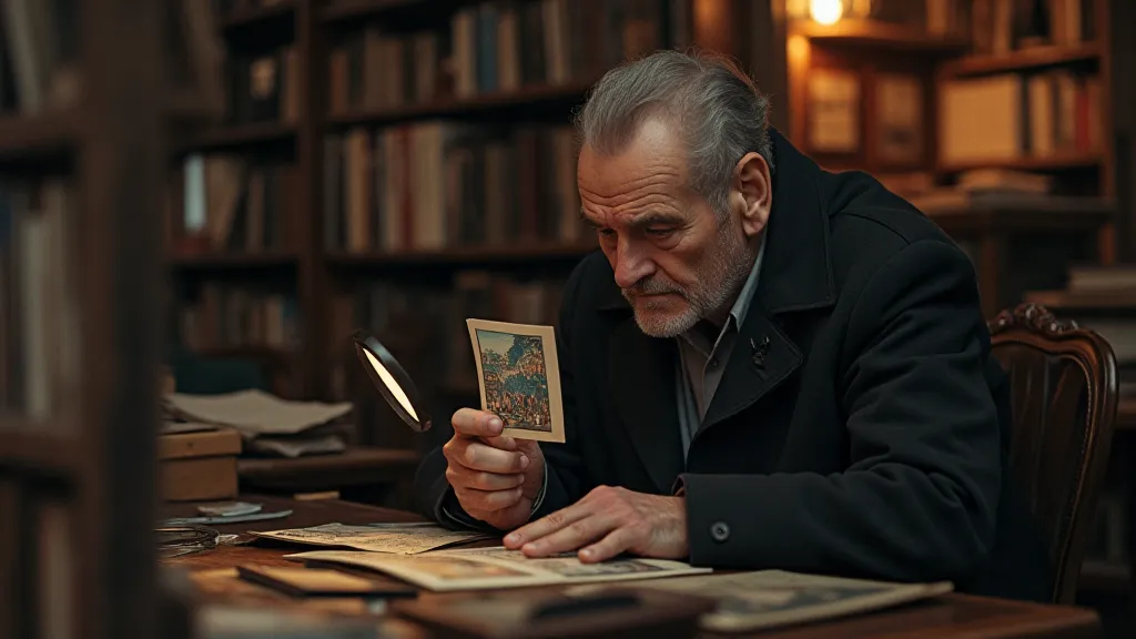Collector examining a postcard