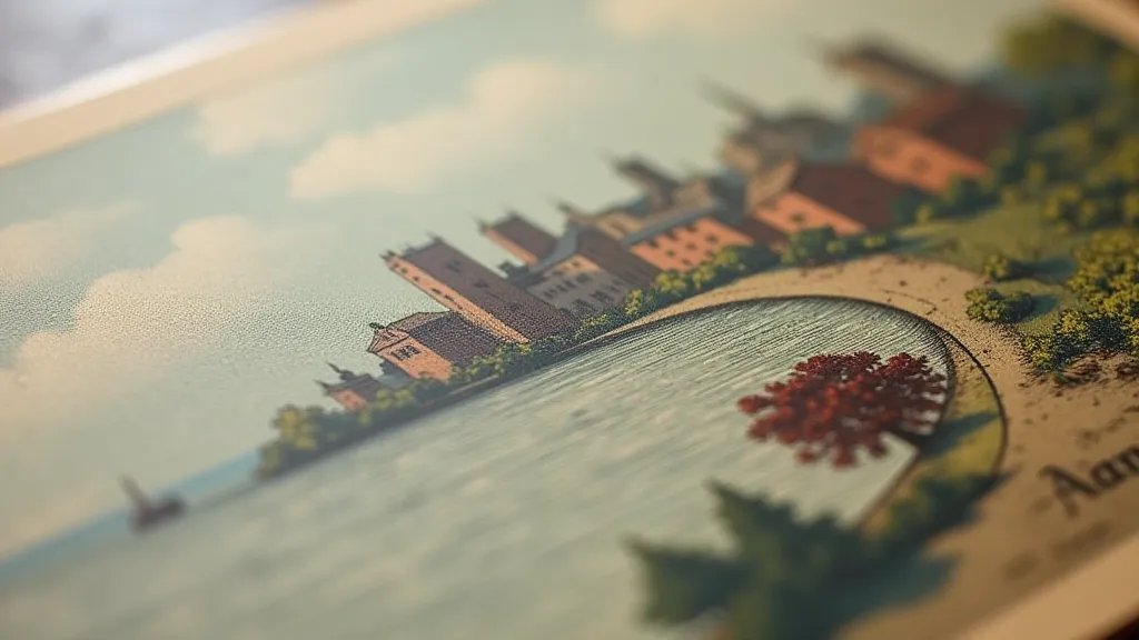 Close-up of a vintage postcard cityscape