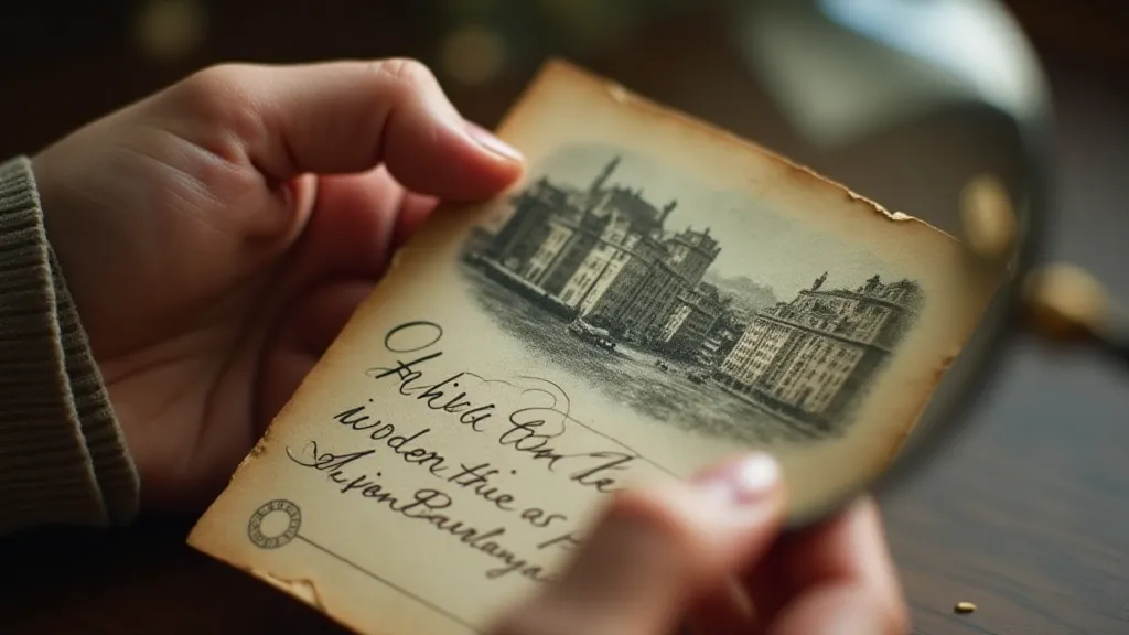 Close-up of inspecting an antique postcard